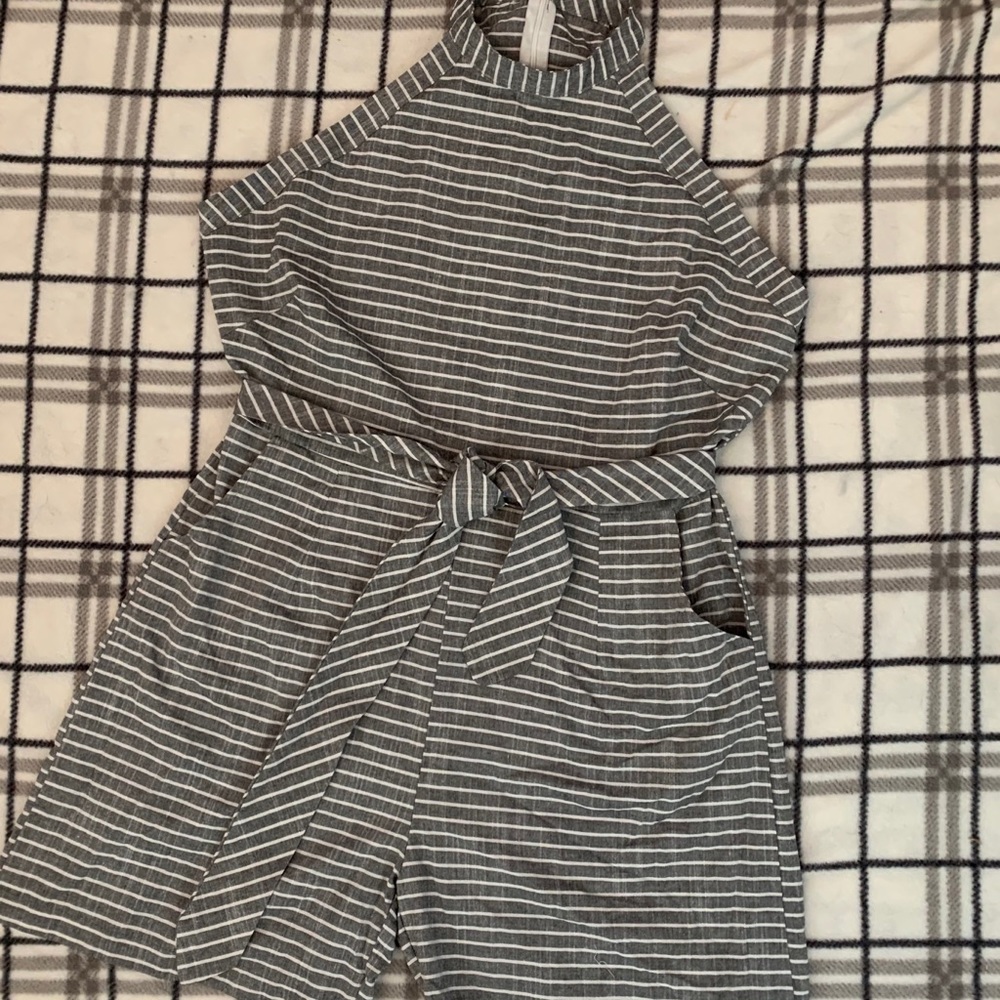 Grey and White striped Romper NWOT